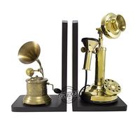 Decor Book End for Shelves Wooden Vintage Ornament Bookends with Dummy Antique Brass Gramophone & Telephone