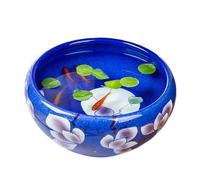 Decor Ceramic Fish Tank with Dark Blue Magnolia Pattern Desktop Good Luck Decoration Fish Tank Turtle Feeding Tank Ceramic Round Flower Pot Starter(32x32x14cm)