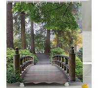 Decor Collection Foggy Morning Wooden Bridge at Japanese Garden with Various Types of Trees in Autumn Polyester Fabric Bathroom Shower Curtain Beige Green 72 X 72 Inch