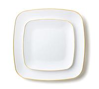 Decor Decorline - Premium Reusable Plastic Party Tableware Set - 32 Pieces - Classic Square - White/Gold - Sturdy, Reusable Plate Set - 2 Sizes (16 x 25 cm and 16 x 18 cm)