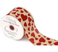 Decor Essentials Red Heart Natural Ribbon Wedding - 63mm x 9.1m, Luxury Wired Edge for Crafts, Gifts, & Decor (Red Hearts Natural)