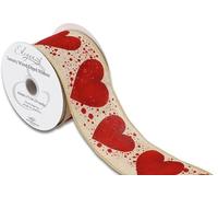 Decor Essentials Red Heart Natural Ribbon Wedding - 63mm x 9.1m, Luxury Wired Edge for Crafts, Gifts, & Decor (Large Hearts/Dots Red)