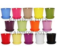 Decor Flower Pots Gloss Plastic Plant Pots Wedding Planter with Saucer, 14 colours and 4 sizes to choose from (Yellow Pastel, 15 cm - 5.9 inch)