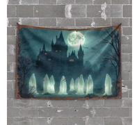 Decor For Man Cave Spooky Ghosts Gather Before Haunted Castle Under Full Moon Tapestry Home Decor Men Decor For Man Cave(75X100CM)
