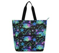 decor gift Book Bag Art Tote Bag for Kids Adults Neon Bright Gradient Color Kitten Witch Waterproof Heavy Duty Reusable Library Book Grocery for School Shopping Grocery
