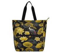 decor gift Children's Book Tote Bag for Kids Students Adults Ocean Kea Water Lily Black and Gold Large Library Shoulder Bag Handbag with Zipper for School Shopping Grocery