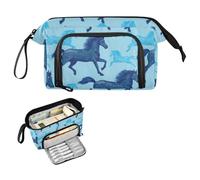 decor gift Hand-drawn Horse Electric Blue Pencil pouching Large Capacity Zip Pencil Case with Handle for Teen Boys Office estiche para lapices
