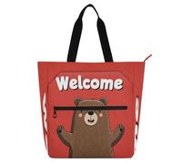 decor gift Kid Tote Bag for Kids Students Adults Cute Anime Bear Welcome Large Library Book Bag Shoulder with Zipper for College Shopping Beach
