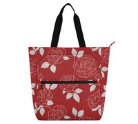 decor gift Kids Cute Tote Bags for Kids Students Adults White Rose Lines Red Retro Sturdy Reusable Grocery Beach Bag with Zipper for School Shopping Beach