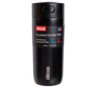 Décor Insulated Cool Touch Double Wall Travel Coffee Cup, Leak Proof Seal and Button Press Release Drink Feature. Vacuum Insulated 4 Hour Hot and 12 Hours Cold. Black 350ml.