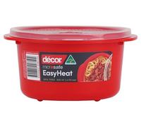 Décor Microsafe 800ml Round food container. Microwave, freezer, dishwasher safe and BPA Free with air release vent and handles. Master microwave cooking and reheating with Microsafe. Red.