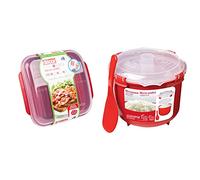 Décor Microwave Bacon Cooker | Splatter Proof Bacon Crisper Tray with Lid | BPA-Free Red & Sistema Microwave Rice Cooker | 2.6 L | Dishwasher Safe Small Rice Cooker | BPA-Free | Red