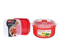 Décor Microwave Bacon Cooker | Splatter Proof Crisper Tray with Lid | Dishwasher Safe | BPA-Free & Sistema Microwave Round Bowl - Microwave Food Container - 915 ml - BPA-Free - Red/Clear