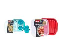 Décor Microwave Egg Poacher Cups for 4 | Food Grade Poached Egg Maker | Non-stick, Easy to Clean & Microwave Bacon Cooker | Splatter Proof Crisper Tray with Lid | Dishwasher Safe | BPA-Free Red