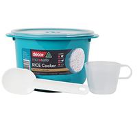Décor Microwave Rice Cooker Makes 1-4 cups each time comes with measuring cup and rice paddle. Stay cool handles and steam release vent. Dishwasher and freezer safe. BPA Free 2.75L Capacity, Teal