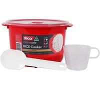 Décor Microwave Rice Cooker Makes 1-4 cups each time comes with measuring cup and rice paddle. Stay cool handles and steam release vent. Dishwasher and freezer safe. BPA Free 2.75L Capacity, Red