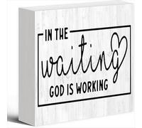 Decor Sign In The Waiting God Is Working Sign Wood Box Sign 5 X 5 Inches Wooden Block Signs For Home Office Bedroom And Table Decor