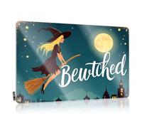 Decor Signs A Witch Flying On A Broom Under A Full Moon With The Word "Bewitched" Tin Sign Metal Bar Signs Bar Stuff For Man Cave(20X30CM)