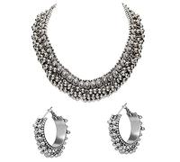 Decor Tales Indian Tribal Fusion Silver Boho Wedding & Engagement Jewelry Set - Necklace & Earrings - Silver Oxidized Bead Chain - 3 Count - Young Women - Indian & Boho Style for Weddings