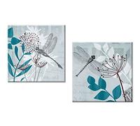 Decor Well - 2 Pieces Teal Blue Wall Art Canvas Decor Set, Dragonfly and Botanical Art Canvas Print Ready to Hang