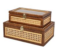 DECOR4SEASON Rattan and Cane Display Boxes with Glass Lid - Set of 2 Stackable Storage Organizers with Snag-Free Solid Wood Base - Rustic Farmhouse Decor for Jewelry, Remotes, and Keepsakes,Brown