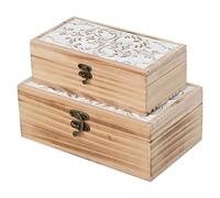 DECOR4SEASON Wooden Box Set of 2 - Rustic Farmhouse Decorative Boxes with Hinged Lid and Carved Design