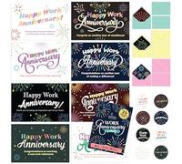 Decorably 24 Pack 6x4in Happy Work Anniversary Cards for Employees with Envelopes and Stickers, 8 Fireworks Designs Happy Work Anniversary Card Set, Blank Inside