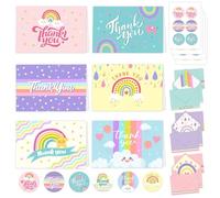Decorably 24 Pack 6x4in Rainbow Cute Kids Thank You Cards with Envelopes and Stickers, 12 Colorful Designs Rainbow Thank You Cards Kids Birthday, Blank Inside - Birthday, Baby Shower, Kid's Party