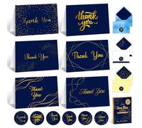 Decorably 24 Pack Gold Foiled 6x4in Navy Blue Thank You Cards Blue with Envelopes and Stickers, 6 Elegant Designs Packs of Thank You Cards, Blank Inside - Weddings, Birthdays