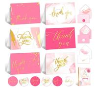 Decorably 24 Pack Gold-Foiled 6x4in Pink Thank You Cards with Envelopes and Stickers, 6 Elegant Designs Thank You Bridesmaid Cards, Blank Inside - Wedding, Baby Shower, Birthday