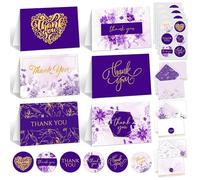 Decorably 24 Pack Gold Foiled 6x4in Purple Thank You Cards with Envelopes and Stickers, 6 Beautiful Designs Wedding Thank You Cards Purple, Blank Inside - Birthdays, Weddings
