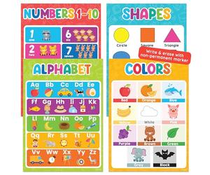 Decorably 4 Vibrant Learning Posters for Toddlers 1-3, 17x24 PET-Laminated Easy-to-Write-On & Erase Educational Posters for Toddlers 1-3 with Alphabet, Numbers, Shapes, Colors - Classroom, Homeschool