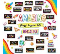 Decorably 49 Pcs Cutouts Chalkboard Vibrant Theme Amazing Things Happen Here Bulletin Board Decorations Set with Borders, Bulletin Board Motivational Decorations - Classrooms, School Hallways