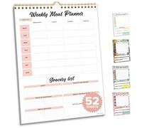 Decorably 52 Minimal Pink Undated Magnetic Meal Prep Planner and Grocery List with Strong Magnets, 7x10in Spring-Bound Magnetic Weekly Meal Planner with Snacks