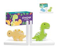 Decorably Stego and Trex Dinosaur Book Ends for Kids Books - 1 Set Non-Skid Wooden Decorative for Boys Room, Baby's Nursery, Classroom Decor