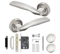 Decoranddecor Brushed Chrome Door Handles Lever On 54mm Rose Alloy with Sash Lock Kit