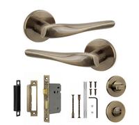 Decoranddecor - Door Handle Set - Antique Brass Bathroom Door Handle With Lock - Bathroom Kit 76mm - Nanda Range