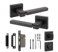 Decoranddecor - Door Handle Set - Black Bathroom Door Handle With Lock - Bathroom Kit 64mm - Nexus Range