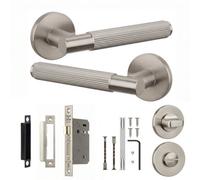 Decoranddecor - Door Handle Set - Nickel Bathroom Door Handle With Lock - Bathroom Kit 64mm - Hera Range