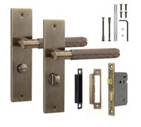 Decoranddecor - Door Handle Set On Backplate - Antique Brass Bathroom Door Handle With Lock - Bathroom Kit 76mm - Hera Range