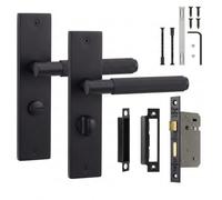 Decoranddecor - Door Handle Set On Backplate - Black Bathroom Door Handle With Lock - Bathroom Kit 64mm - Hera Range