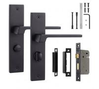 Decoranddecor - Door Handle Set On Backplate - Black Bathroom Door Handle With Lock - Bathroom Kit 64mm - Spectra Range
