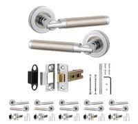 Decoranddecor Enigma Duo Finish Door Handles, Latch Kit 64mm 6 Pack | Stepped Bar Lever on Round Rose, 64mm Tubular Latch Included, Sprung Return, Fir CE Latch, Internal Doors, 6 Sets