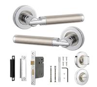 Decoranddecor Enigma Duo Finish Internal Door Handles, Bathroom Kit 64mm | Stepped Bar Lever on Round Rose, 64mm Bathroom Lock & WC Turn, Thumbturn & Release, Fir Lock, Internal Bathroom Doors