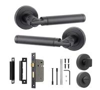 Decoranddecor Enigma Matt Black Internal Door Handles, Bathroom Kit 64mm | Stepped Bar Lever on Round Rose, 64mm Bathroom Lock & WC Turn, Thumbturn & Release, Fir Lock, Internal Bathroom Doors