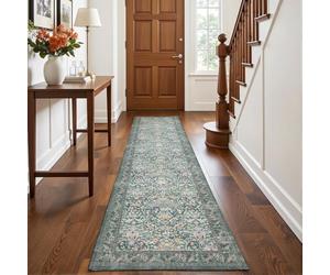 Decoranddecor Floral Hallway Runner Rug, 60x240cm - Non-Slip, Low Pile, Pet Friendly, Entryway, Kitchen, Easy Clean Durable Carpet - Zafira