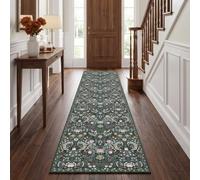 Decoranddecor Floral Washable Hallway Runner Rug 60x240cm Non-Slip | Green Hall Runner, Kitchen Runner, Machine Washable Rug, Area Rug, 6mm Low Pile, Pet Friendly, Stain Resistant