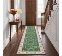 Decoranddecor Floral Washable Hallway Runner Rug 60x240cm Non-Slip | Green Hall Runner, Kitchen Runner, Machine Washable Rug, Area Rug, 6mm Low Pile, Pet Friendly, Stain Resistant