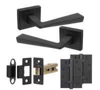 Decoranddecor Helix Matt Black Internal Door Handles, Hinge Kit 102mm | Rectangular Lever on Square Rose, 76mm Latch & 2x 102mm Hinges, Sprung Return, Fir CE Mechanism, Interior Doors, 1 Set