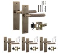 Decoranddecor Hera Antique Brass Backplate Handles, Latch Kit 64mm 4 Pack | Knurled Lever Pair on Plain Backplate, 64mm Tubular Latch Included, Sprung Return, Fire Rated CE Latch, Internal Doors